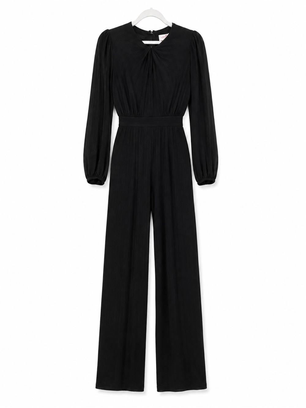 FARM Rio Black Pleated Long-Sleeve Wide-Leg Jumpsuit with Cinched Waist
